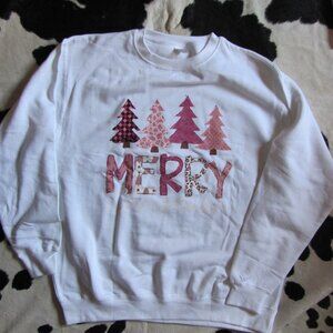 White Christmas Tree & Merry Christmas Lettering Print Sweatshirt NIP